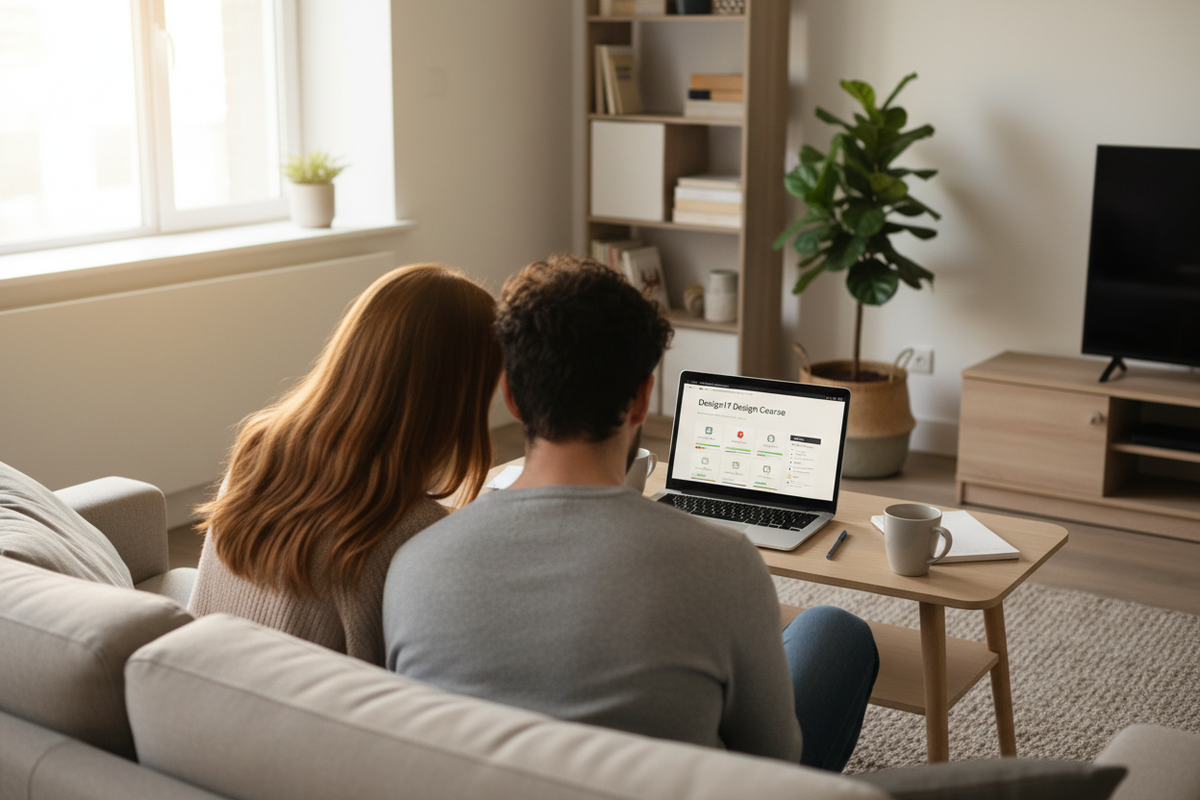 Show a young Irish couple from behind as they look at a laptop together with a DesignIY Design Course on the screen