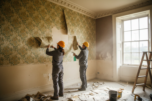 show the same young Irish couple from behind in construction hats as they remove wallpaper from a wall in an old Irish house