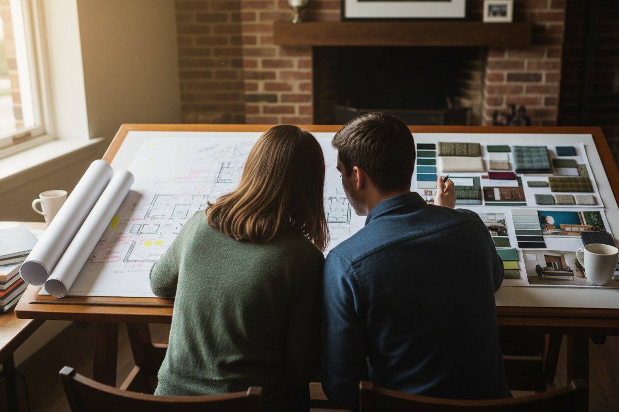 using the same young Irish couple from behind sitting at a desk side by side looking at floor plans and mood board documents together