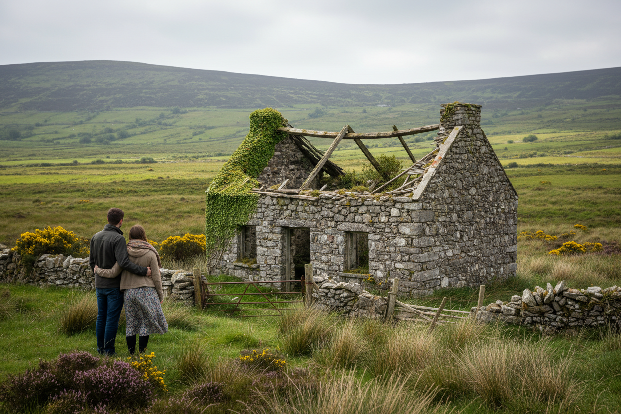 Young Irish couple standing in front, seeing them from behind as they look at a picturesque derelict stone cottage